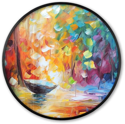 Poster in lijst Rond - Fotolijst 60x60 cm - Posters - Kleurrijk - Olieverf - Water - Boot - Ronde posterlijst zwart - Decoratie - Wanddecoratie woonkamer - Muurdecoratie slaapkamer