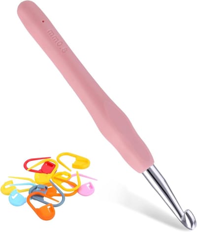 8mm Haaknaald, Lange Haaknaald met 10 Stuks Steekmarkeerders, Ergonomische Zachte Grip voor Comfortabel Haken en Beginners