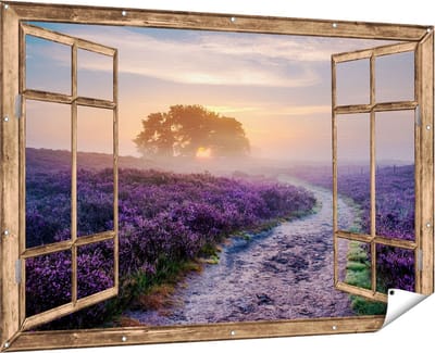 Gards Tuinposter Doorkijk Pad in de Weide van de Veluwe - 180x120 cm - Tuindoek - Tuindecoratie - Wanddecoratie buiten - Tuinschilderij