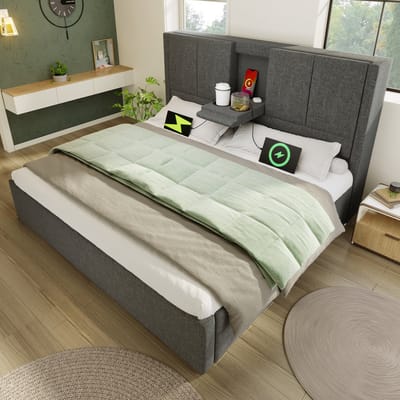 OKWISH Gestoffeerd Bed 140x200cm - Laadstation USB/Type-C - Hoofdeinde met Bekerhouder - Hydraulische Opbergruimte - Linnen - Grijs - Zonder matras