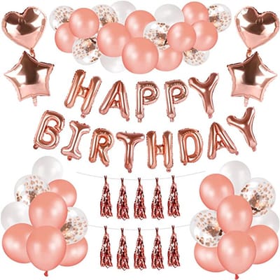 Happy Birthday Ballonnen Set – Rose Gold – Complete Verjaardag Decoratie – Folie Letters, Ballonnen, Tassels & Slingers