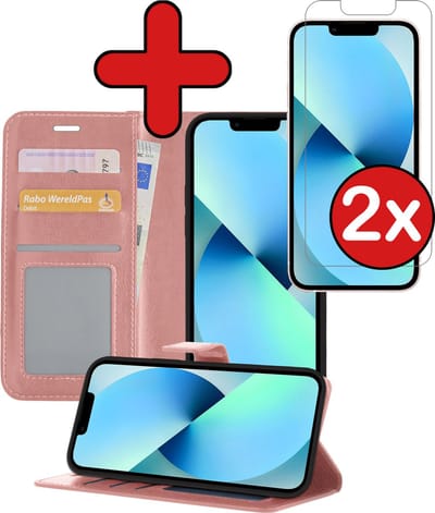 Hoesje - Met 2x Screenprotector - Geschikt voor Apple iPhone 13 Mini - Luxe Pasjeshouder - Flip Case - Bookcase Portemonee - Kunstleer Book Case - Flipcase Hoes - Book Cover - Walletcase - Portemonneehoes - Telefoonhoes - Rosé goud