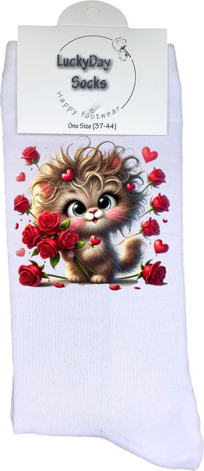 Poes - Rozen - Opkikker - Grappige sokken - Valentijn cadeau - Verjaardag cadeau - Sint cadeau - Leuke sokken - Verliefd - Vrolijke sokken - Cadeautje - Grappig cadeau - Bruiloft - Kerstcadeau - Vaderdag - Moederdag - Kat - Socks maken Happy - 37-44