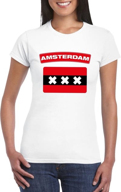 Vlag Amsterdam t-shirt - wit - met vlag van het land print - voor dames - korte mouwen - supporters S