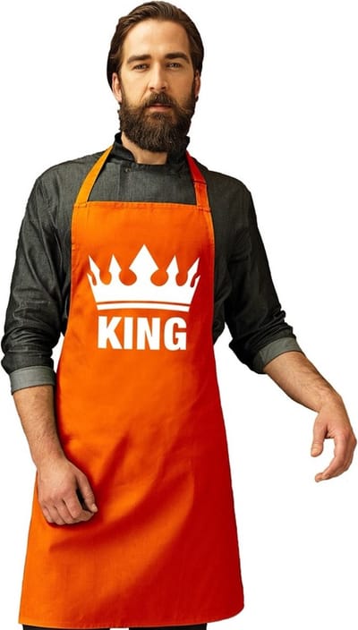 King print BBQ schort - keukenschort - oranje - met kroon - voor heren - Koningsdag kleding