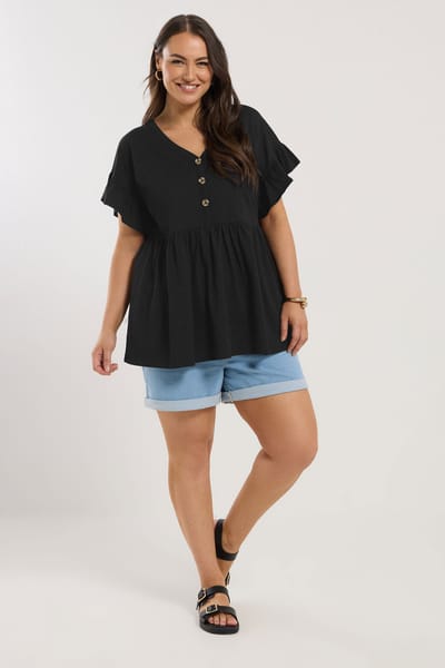 Yours Katoenen Peplum Top Met Knoopdetail En Ruches In Zwart Size 46