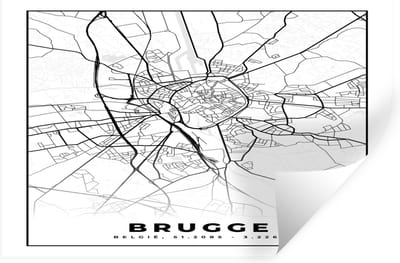 Muurstickers - Sticker Folie - Plattegrond – Brugge – Zwart Wit – Stadskaart - Kaart - België - 30x20 cm - Plakfolie - Muurstickers Kinderkamer - Zelfklevend Behang - Zelfklevend behangpapier - Stickerfolie
