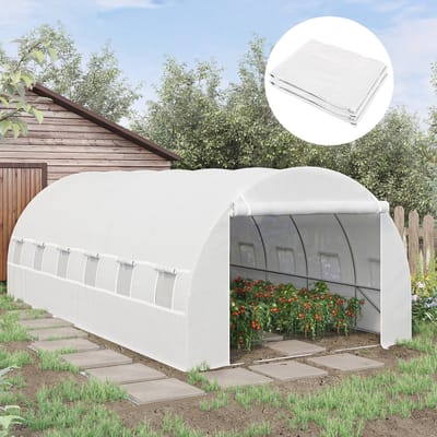 MODFU Tuinkasfolie – 600x300x200 cm – Met oprolbare deur en 12 ramen – UV-bestendig en scheurvast – Polyethyleen – Wit