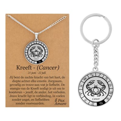 Sterrenbeeld Kreeft / Cancer Ketting + Sleutelhanger - Zilverkleurig - Stainless Steel op Cadeau Kaartje- 60cm - Pax Amare
