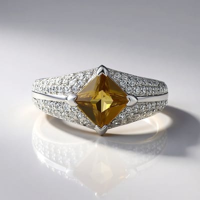 Cavill - Cocktailring 925 Sterling Zilver met Platina - Gele Zirkoon 1,68 ct uit Tanzania - Princess geslepen - Pave Zirkonen - Elegant