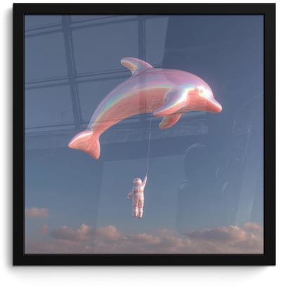 Poster in lijst - Fotolijst 40x40 cm - Posters - Dolfijn - Roze - Astronaut - Posterlijst zwart - Decoratie - Wanddecoratie woonkamer - Muurdecoratie slaapkamer