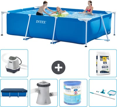 Intex Rechthoekig Frame Zwembad - 300 x 200 x 75 cm - Blauw - Inclusief Afdekzeil - Zwembadfilterpomp - Filter - Schoonmaakset - Zoutwatersysteem - Zwembadzout - 7-delig
