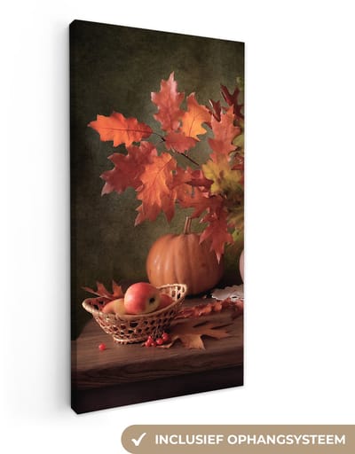 Canvas schilderij 20x40 cm - Wanddecoratie Stilleven - Pompoen - Bladeren - Appel - Kersen - Herfst - Muurdecoratie woonkamer - Slaapkamer decoratie - Kamer accessoires - Schilderijen op canvas
