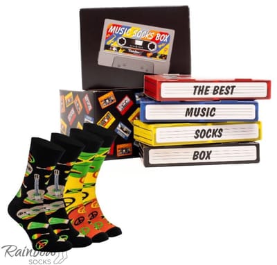 Rainbow Socks Reggae - Muzikale Sokken - Kleur: Rasta - Symbolen: Gitaar, Bongo, Vredesteken