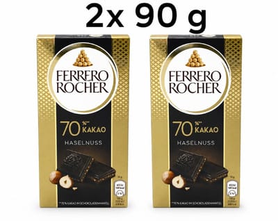 Ferrero Rocher Pure Chocoladereep 70% Cacao met Hazelnoot 2 x 90 g | Luxe Pure Chocolade | Premium Chocoladerepen met Hazelnoten