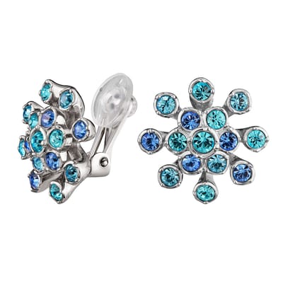 Traveller Clip Oorbellen - Oorclips Dames - Zilverkleurig - Preciosa Kristal - Blauw - Bloem - Geplatineerd - 157547