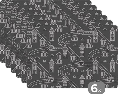 Placemat - Placemats kunststof - Patronen - Huis - Auto - 45x30 cm - 6 stuks - Hittebestendig - Anti-Slip - Onderlegger - Afneembaar