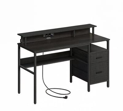 Bureau computerbureau opbergwerkplek bureau 55×135×90 cm zwart met stopcontacten, monitorstandaard LED sfeerverlichting multifunctioneel opbergontwerp stevig en duurzaam metalen frame eenvoudig te monteren en schoon te maken geschikt voor gamingkamer
