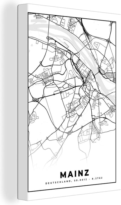 Canvas Schilderij Plattegrond - Mainz - Kaart - Stadskaart - 20x30 cm - Wanddecoratie