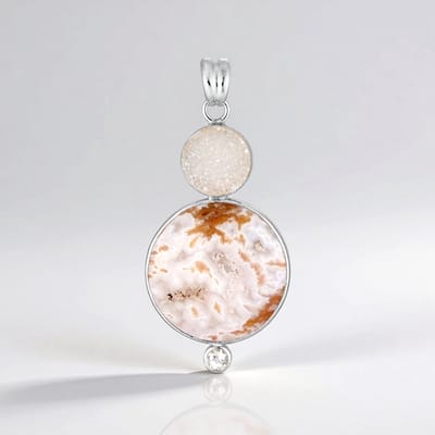 Cavill - Zilveren Hanger 925 Sterling Zilver - Druzische Agaat 29,73 ct & Witte Topaas - Bali Barong Design - Ronde Cabochon - Gerhodineerd