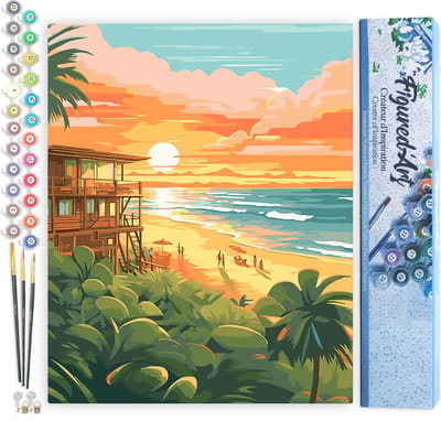 Figured'Art Schilderen op Nummer Volwassenen canvas Strandclub bij zonsondergang- Handwerk acrylverf Kit DIY Compleet - 40x50cm zonder frame