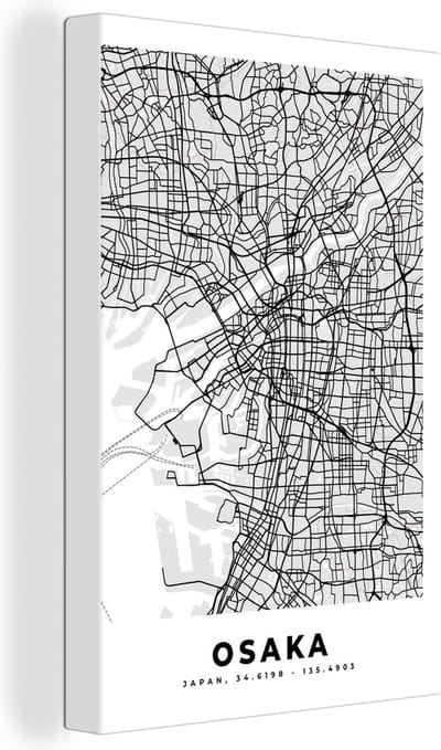 Canvas Schilderij Osaka - Stadskaart - Zwart Wit - Plattegrond - Kaart - 20x30 cm - Wanddecoratie
