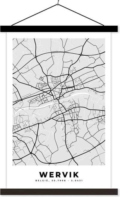 Posterhanger incl. Poster 40x60 cm - Schoolplaat - België – Wervik – Stadskaart – Kaart – Zwart Wit – Plattegrond - Textielposter - Zwarte latten - Stadskaart