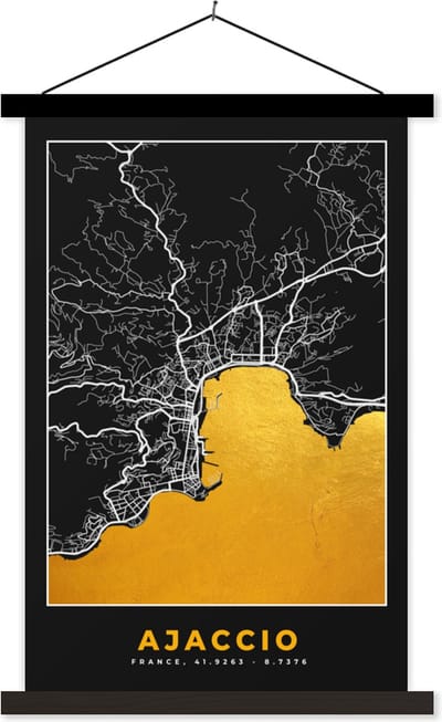 Posterhanger incl. Poster 40x60 cm - Schoolplaat - Plattegrond – Kaart – Stadskaart – Frankrijk – Ajaccio - Textielposter - Zwarte latten - Stadskaart