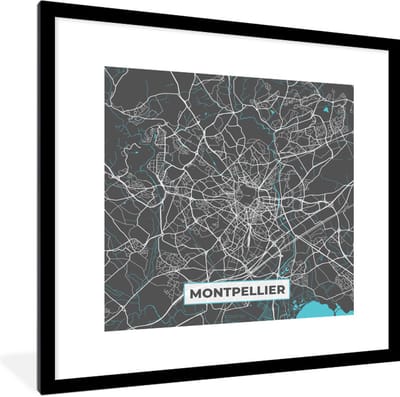 Fotolijst incl. Poster - Montpellier - Kaart - Plattegrond - Stadskaart - Frankrijk - 40x40 cm - Posterlijst