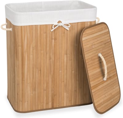 tectake® Robuuste Bamboe Wasmand - Opvouwbaar Met Deksel En Uitneembare Waszak - Verschillende Modellen - (100L Naturel - Rechthoek)