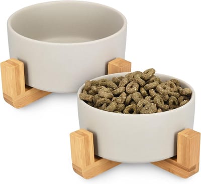 2 Keramische Hondenbakken met Verhoogde Bamboe Standaard - Anti-Kramp Voerbakken voor Katten en Honden