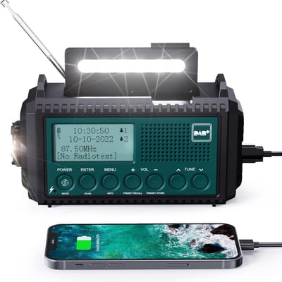 Noodradio - Noodradio Opwindbaar - DAB+/FM - Draagbare Zonne-radio met 5000 mAh Batterij - LED-Zaklamp en Leeslamp - DAB+ Bouwplaatsradio IPX4 - Radio met SOS-Alarm - Geschikt voor Wandelen, Kamperen en Buiten
