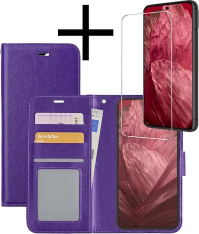 Hoesje - Met Screenprotector - Geschikt voor Google Pixel 8a - Luxe Pasjeshouder - Bookcase Portemonee - Flip Case - Kunstleer Book Case - Flipcase - Book Cover - Walletcase - Portemonneehoes - Paars