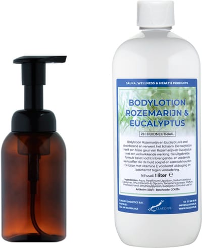 Zeepdispenser 300 ml amber bruin hervulbaar + 1 liter Bodylotion Rozemarijn & Eucalyptus navulling