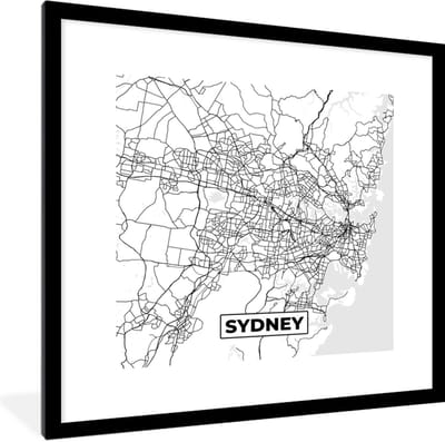 Fotolijst incl. Poster Zwart Wit- Kaart - Sydney - Stadskaart - Plattegrond - Zwart Wit - 40x40 cm - Posterlijst