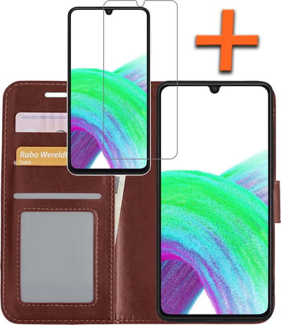 Hoes - Met Screenprotector - Geschikt voor Samsung Galaxy A33 - Luxe Pasjeshouder - Bookcase Portemonee - Flip Case - Kunstleer Book Case - Flipcase - Book Cover - Walletcase - PortemonneeHoes - Bruin