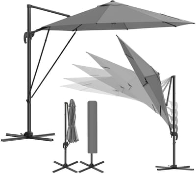 RosaBloom Parasol - Zweefparasol - Ø 300 cm - kantelbaar - Met slinger & beschermhoes - UPF 50+ Zonbescherming - Grijs