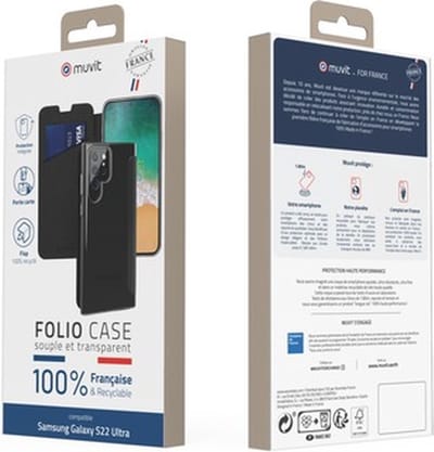 Muvit, Folio hoesje Geschikt voor Samsung Galaxy S22 Ultra Transparante achterkant, Zwart