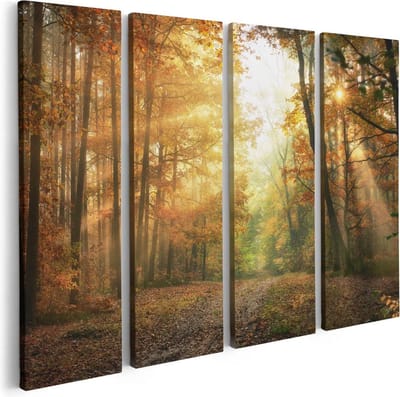 Artaza Canvas Schilderij Vierluik Herfstbos Met Zonneschijn - 80x60 - Foto Op Canvas - Canvas Print