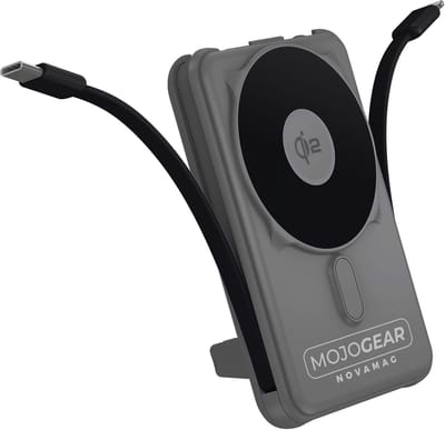 MOJOGEAR NovaMag All-in-1 Powerbank 10.000 mAh – Draadloos Qi2 supersnel opladen - Ingebouwde USB-C en Lightning kabel – Geschikt voor iPhone en Samsung - MagSafe powerbank - LED-indicator - Grijs
