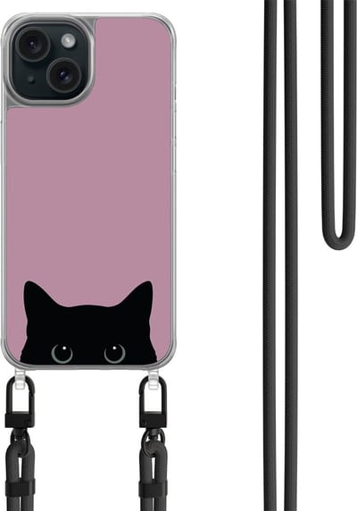 Hoesje met koord geschikt voor iPhone 13 - Zwarte kat - Inclusief zwart koord - Crossbody beschermhoes - Transparant, Roze - Mooie Telefoonhoesjes
