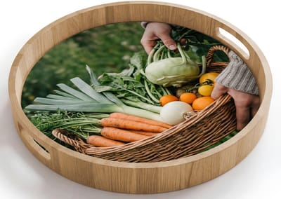 Dienblad rond 40x40 cm - Schootdienblad hout - Veld - Groenten - Biologisch - Oogst - Borrelplank rechthoek - Plateau houten dienbladen