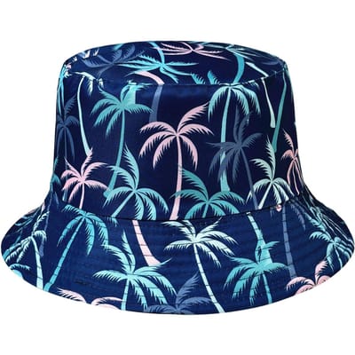 Chapeau de pêcheur à motif cocotier bleu, Réversible, Léger et Pliable, Chapeau de protection solaire décontracté unisexe, Chapeau seau élégant (as the picture,One Size) blue