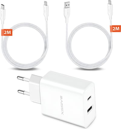 Complete Snellader Set - 2 Meter - Geschikt voor iPhone 14, 13, 12, 11, X, 8, 7, SE en ouder - Snel Oplader met Kabels
