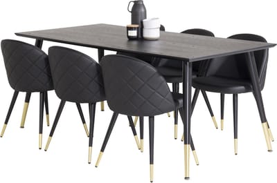Dipp180x90BLBR eethoek eetkamertafel zwart en 6 Velvet eetkamerstal PU kunstleer zwart.