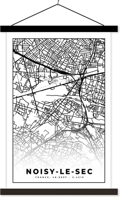 Posterhanger incl. Poster 40x60 cm - Schoolplaat - Stadskaart - Noisy-le-Sec - Plattegrond - Kaart - Frankrijk - Zwart wit - Textielposter - Zwarte latten - Stadskaart