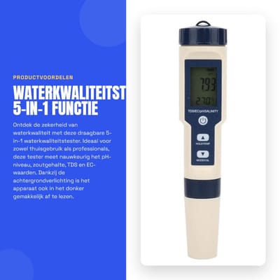 Dailygoods- Waterkwaliteitstester Draagbaar 5-in-1 - PH Tester - Zoutgehalte Tester - TDS/EC Tester - Achtergrondverlichting - Nauwkeurigheid ± 2% - Water Tester