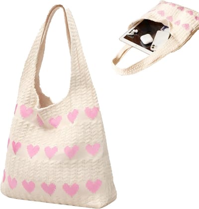 Schattige gebreide schoudertas met hartpatroon, ruime strandtas voor dames, ideaal voor winkelen en reizen, perfect voor vakantie (beige)