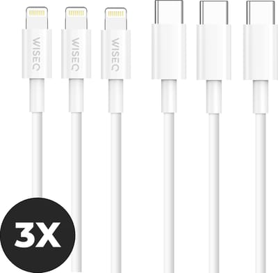 USB C naar Lightning oplaadkabel 2 m - set van 3 - Lightning snellaadkabel - geschikt voor iPhone 14 / 13 / 12 / 11 / XS / XR / X / 8 / 7 en iPad - wit - WiseQ