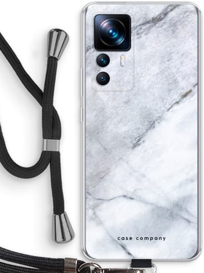 Case Company® - Hoesje met koord geschikt voor Xiaomi 12T hoesje met Koord - Witte marmer - Telefoonhoesje met Zwart Koord - Bescherming aan alle Kanten en Over de Schermrand